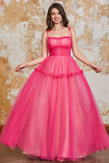 Princess A Line Spaghetti Straps Fuchsia Long Ball Dress with Ruffles